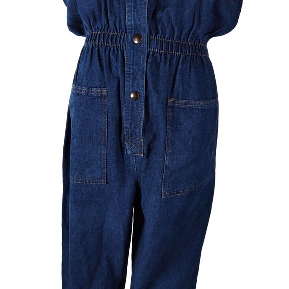 Vintage 90s Blue Utility Jumpsuit Size S/M Denim Sleeveless Pockets Straight Leg - Picture 6 of 10